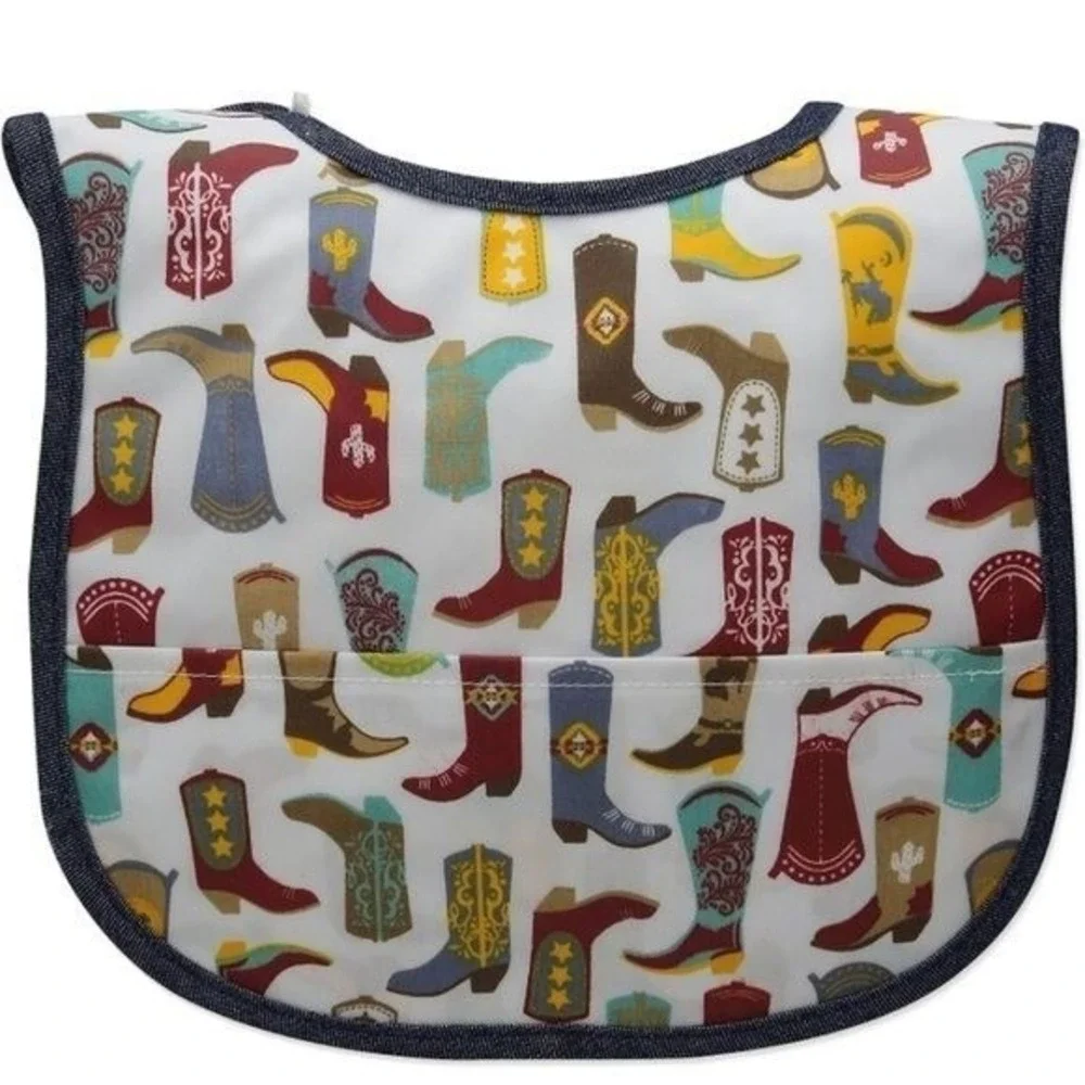 Mud Pie Baby toddler Laminated Pocket Bib cowboy boots novelty print western